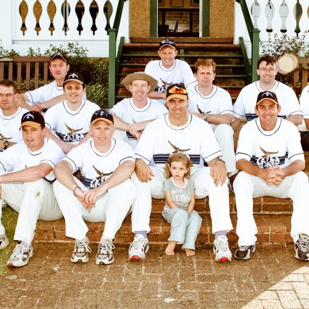 The victorious Falcon team poses again in front of the pavilion